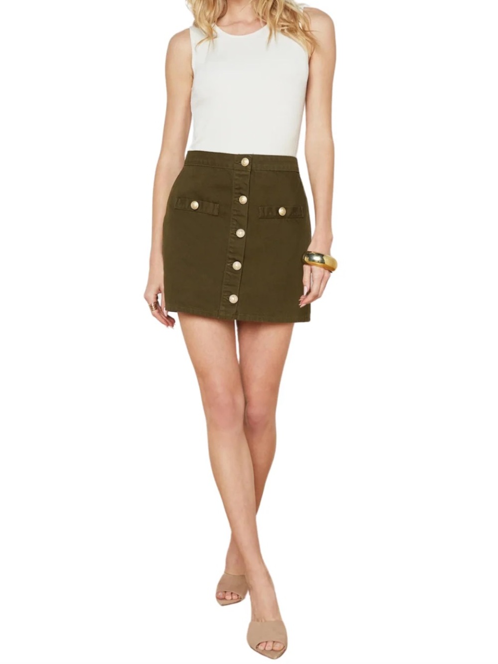 L’AGENCE Kris Button Front Denim Mini Skirt Olive Grove Cotton Military 27 USA